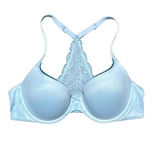 Victoria’s Secret lined demi bra front closure lace back blue padded cup 36C